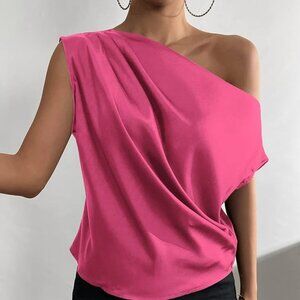 Pink Satin Draped Asymmetrical Blouse Top Off One Shoulder